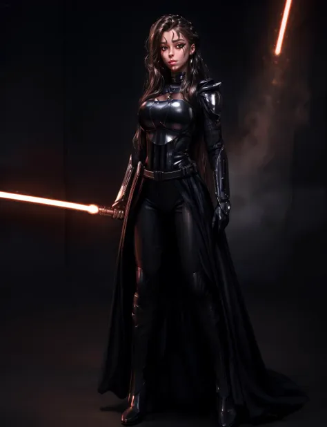 a woman in a black outfit holding a light saber