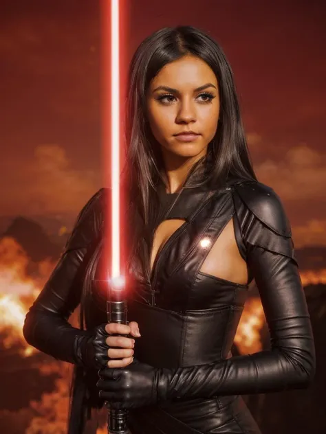 (angry VictoriaJustice) dressed in sthoutfit, (looking at the camera:1.4), lava, smoke, sci fi background, , dark hair, holding a ((red lightsaber)),<lora:sthoutfitV2:0.7>.