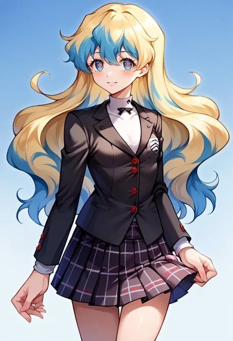 a woman in a school uniform with long blonde hair