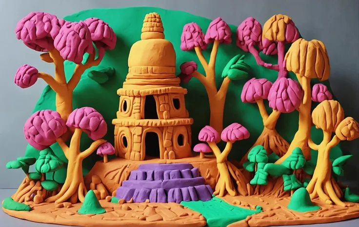 play-doh style, giant ancient mayan indian temple in a rainforest near a cave, sculpture, clay art, claymation, play-doh style. ...