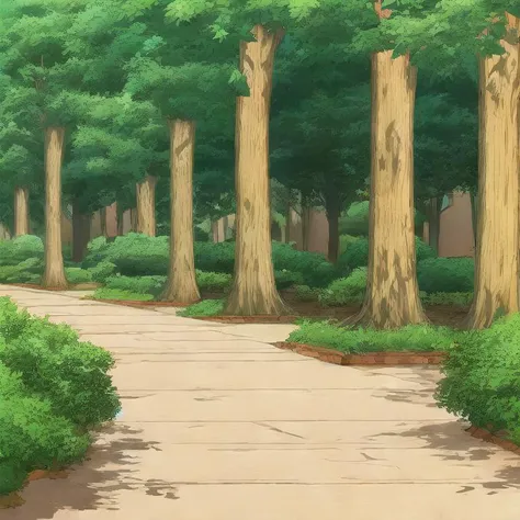 anime image of a pathway with trees and bushes in the background