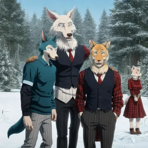 anime characters dressed in animal costumes standing in the snow