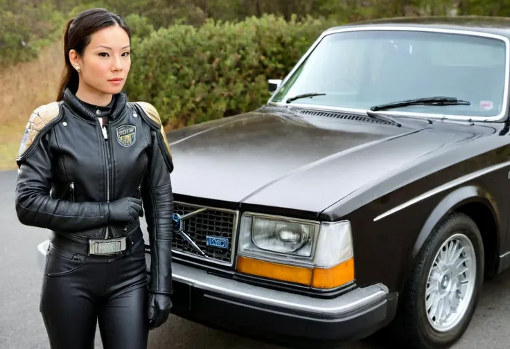 woman in leather outfit standing next to a car with a police badge on it