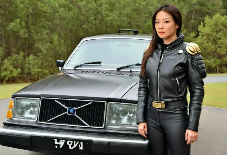 woman in leather outfit standing next to a car in a parking lot