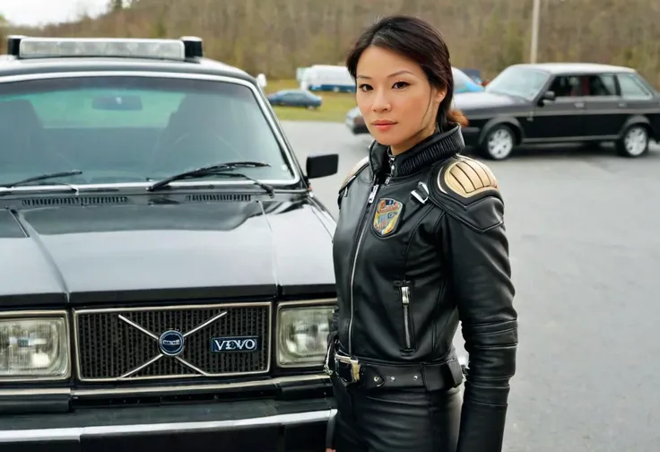 woman in leather jacket standing next to a police car in a parking lot