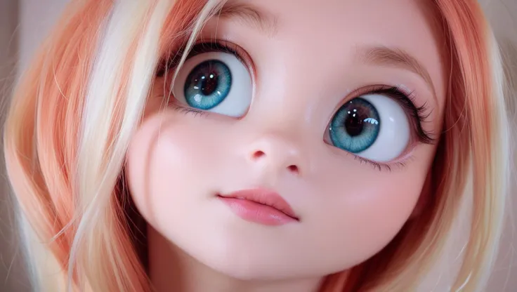 a close up of a doll with a pink hair and blue eyes