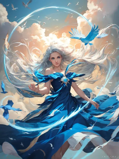 a woman in a blue dress is surrounded by birds