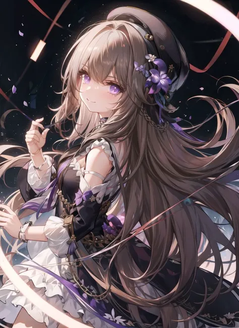 anime girl with long hair and purple flowers in her hair