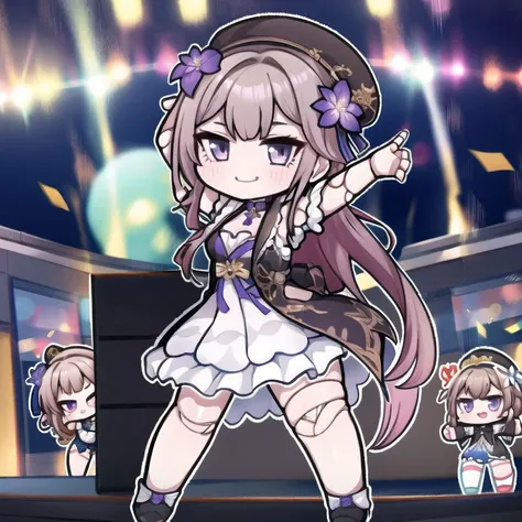 1girl, (chibi:1.3), full body, 
1girl, looking at viewer, smile, smug face,
dancing, ballet dance,
pikkyherta, 1girl, long hair, purple (glowing:1.2) eyes, solo, hat, dress, bangs, looking at viewer, flower, (doll joints:1.1), brown hair, hair ornament, bl...