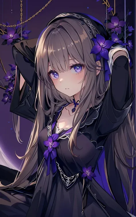 a girl in a black dress with purple flowers in her hair