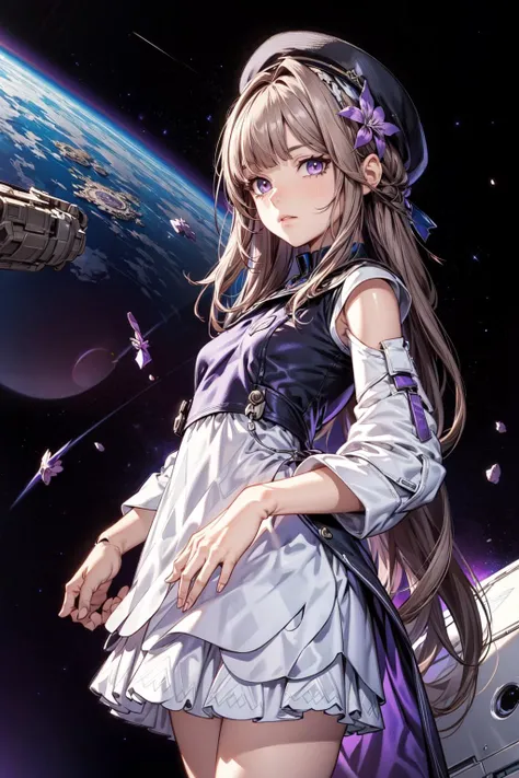 thick outlines, comics, photorealistic, perfect hands, masterpiece:1.2, Space station, Amethyst, space 1girl, solo, standing, upper body, <lora:Char-HonkaiSR-Herta:1>, hertasr, dress, dollgirl, small breast, beret, breast, detailed background, detailed fac...