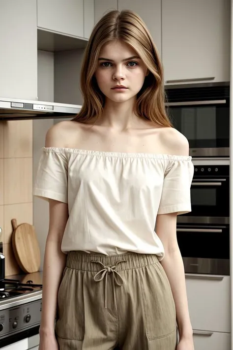 arafed woman in a white top and khaki pants standing in a kitchen