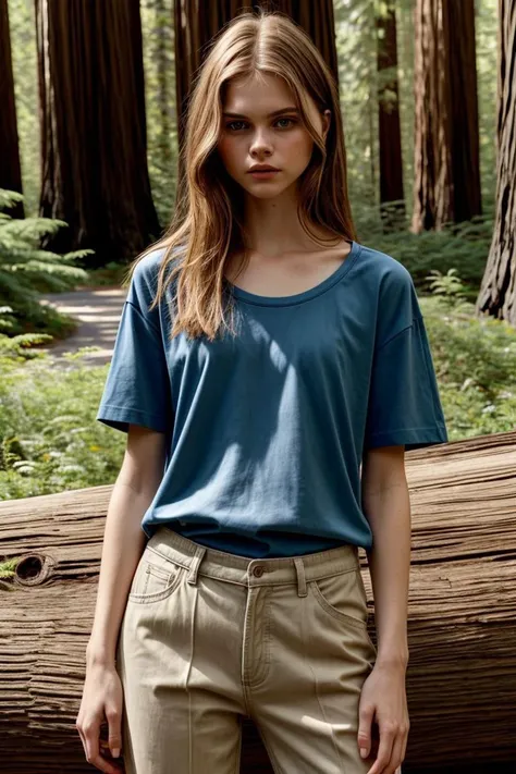 <lora:kawaii7.1.3_obj20:0.75:0.25>, European woman, closeup, sandals, (shirt), pants, (california redwoods), ZM_paraskevi, wide shoulders, perfect face, (contact iris: 1.1), pale skin, skin pores , depth of field