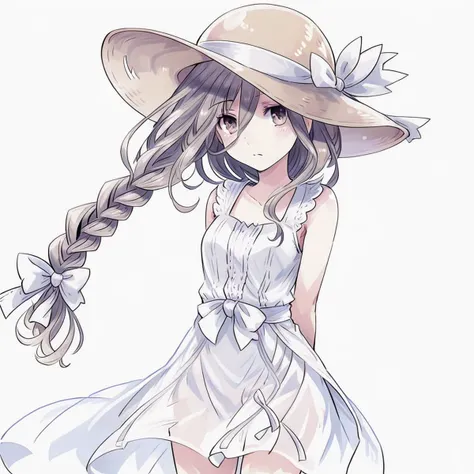 anime girl with long hair wearing a hat and dress