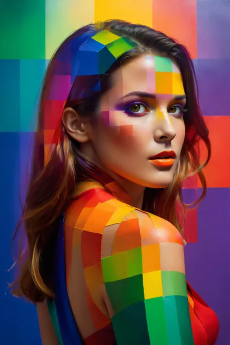 a woman with a rainbow painted face and body is posing