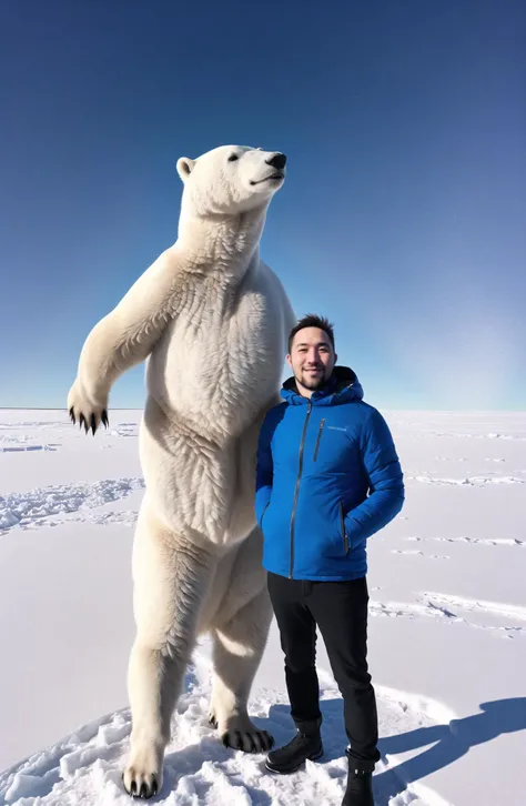  <lyco:尺寸差異hiking-sizediffv2:1.0>[32k|16k|best-quality], professional photo, tall man, juxtaposed with polar bear, stark size contrast, playful atmosphere, arctic backdrop, clear blue sky, white icy ground. 