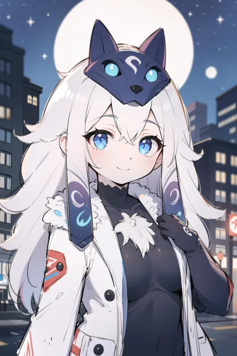 anime girl with cat ears and a white coat in the city