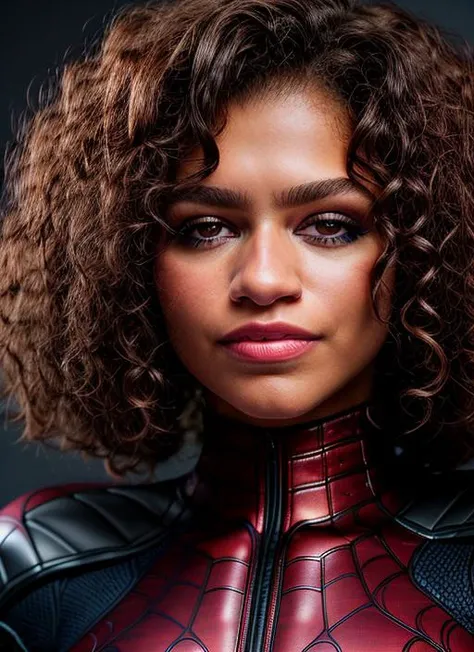 portrait of skswoman, happy , wearing spiderwoman cosplay , with dark brown Curly hair epic (photo, studio lighting, hard light, sony a7, 50 mm, matte skin, pores, colors, hyperdetailed, hyperrealistic), <lyco:Zendaya:1.2>