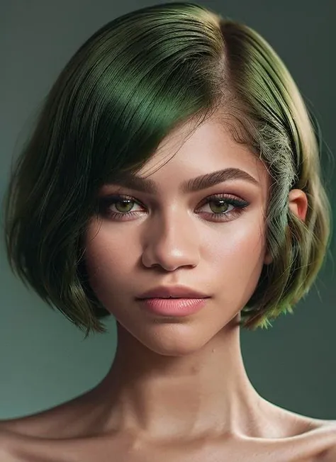 portrait of skswoman, sleepy , wearing luxury clothing , with green Lob (long bob) epic (photo, studio lighting, hard light, sony a7, 50 mm, matte skin, pores, colors, hyperdetailed, hyperrealistic), <lyco:Zendaya:1.2>