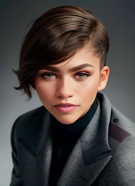 portrait of skswoman, :o , wearing tailored , with gray A-line haircut epic (photo, studio lighting, hard light, sony a7, 50 mm, matte skin, pores, colors, hyperdetailed, hyperrealistic), <lyco:Zendaya:1.2>