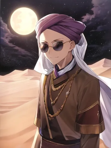 a woman in a purple turban and sunglasses stands in the desert