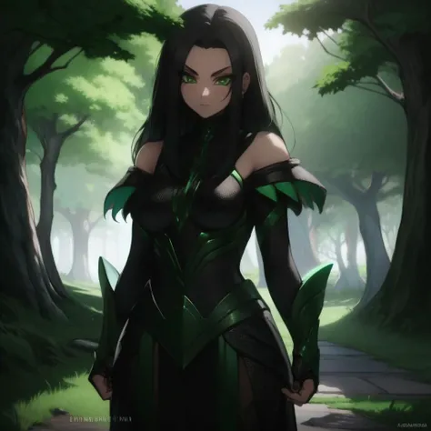 Best_QualityPos, RAW photo, intricate details, best quality, 8k uhd, soft lighting, 1girl, solo, black hair, long hair, armor, bare shoulders, green eyes, forest <lora:Hela:0.7>  <lora:EliteNappa_Style:1>