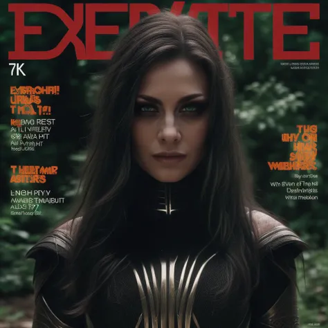 Best_QualityPos, RAW photo, intricate details, best quality, 8k uhd, soft lighting, 1girl, solo, black hair, long hair, armor, green eyes, forest <lora:Hela:0.7> <lora:LowRA:0.6>, Defaults17Style, (magazine cover, english text:1.3) <lora:Defaults17Style v2...