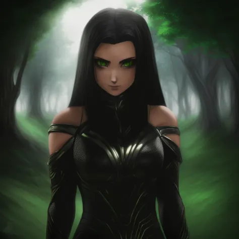 Best_QualityPos, RAW photo, intricate details, best quality, 8k uhd, soft lighting, 1girl, solo, black hair, long hair, armor, bare shoulders, green eyes, forest <lora:Hela:0.7>  <lora:EliteNappa_Style:1>