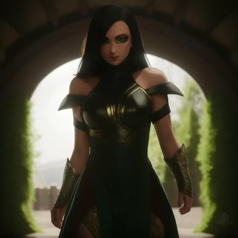 Best_QualityPos, RAW photo, intricate details, best quality, 8k uhd, soft lighting, 1girl, solo, black hair, long hair, armor, bare shoulders, green eyes, forest <lora:Hela:0.7>  <lora:EliteNappa_Style:1>