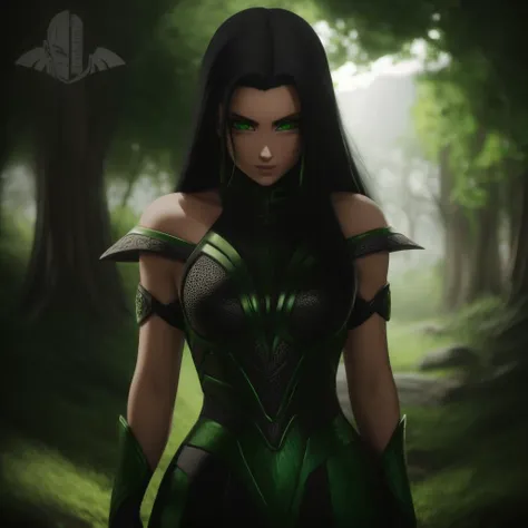 Best_QualityPos, RAW photo, intricate details, best quality, 8k uhd, soft lighting, 1girl, solo, black hair, long hair, armor, bare shoulders, green eyes, forest <lora:Hela:0.7>  <lora:EliteNappa_Style:1>