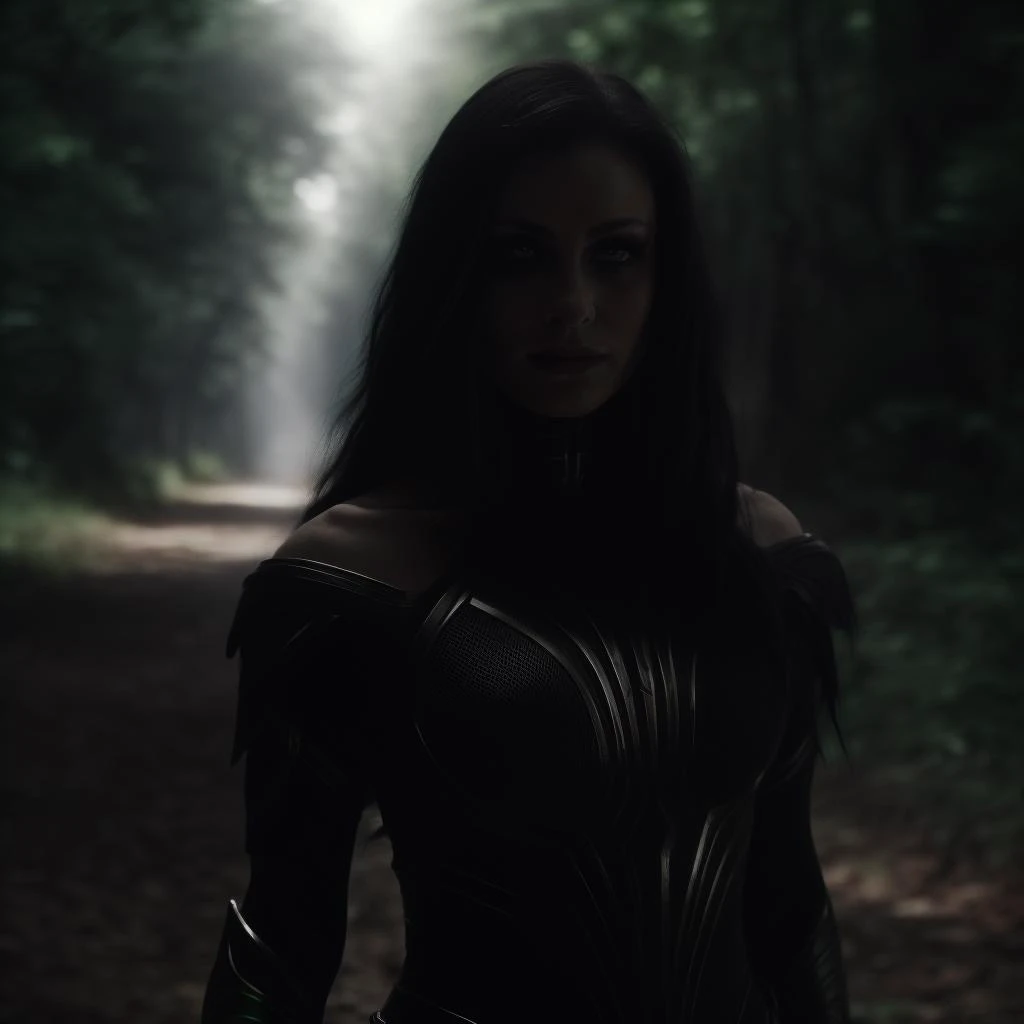 a woman in a black dress standing in the woods