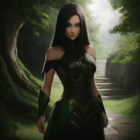 Best_QualityPos, RAW photo, intricate details, best quality, 8k uhd, soft lighting, 1girl, solo, black hair, long hair, armor, bare shoulders, green eyes, forest <lora:Hela:0.7>  <lora:EliteNappa_Style:1>