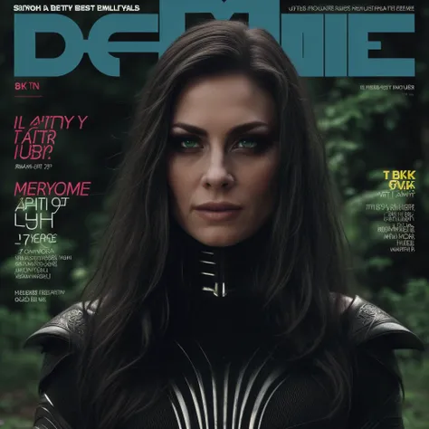 Best_QualityPos, RAW photo, intricate details, best quality, 8k uhd, soft lighting, 1girl, solo, black hair, long hair, armor, green eyes, forest <lora:Hela:0.7> <lora:LowRA:0.6>, Defaults17Style, (magazine cover, english text:1.3) <lora:Defaults17Style v2...