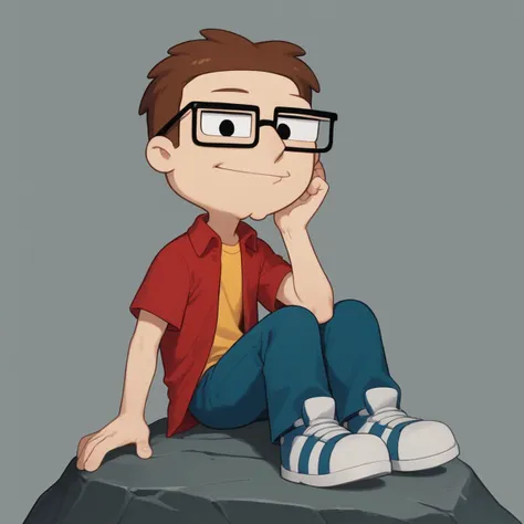 cartoon boy sitting on a rock with his hand on his face