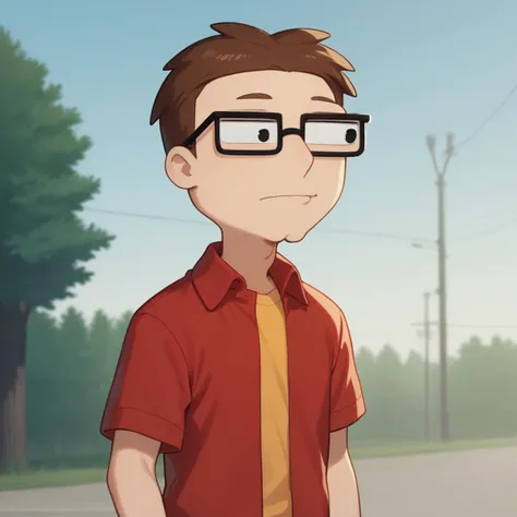 cartoon of a man with glasses and a red shirt standing in the street