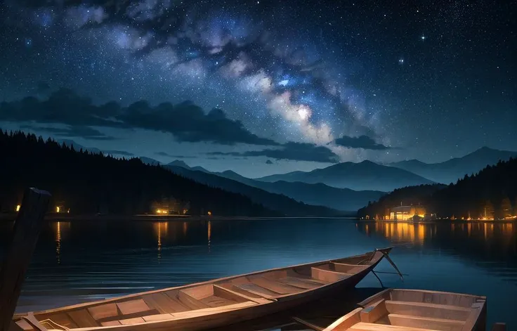 masterpiece, best quality, aesthetic, no humans, starry night, milky way, cloud, night sky, river, waves, wooden boat, mountainous horizon, dark, outdoors, nature, scenery, wide shot, cinematic lighting, professional shadow