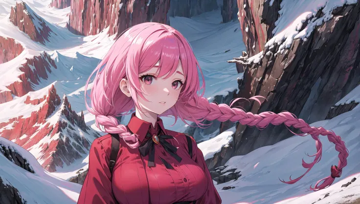 masterpiece, best quality, 1girl, solo, black eyes, pink hair, twin braids, red dress, collared dress, large breasts, (upper body), straight-on, looking at viewer, (snow mountains, cave), cinematic lighting, professional shadow <lora:Vibrance:0.2>