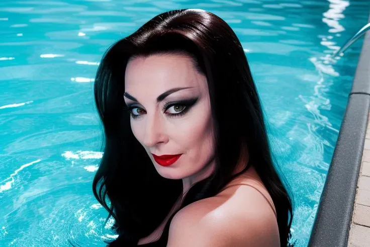 Morticia,
8k wallpaper,RAW photo,photorealistic,natural lighting,realistic face, upper body, envy,   in pool,   Reflector lighting, 
<lora:Morticia_v1:1>