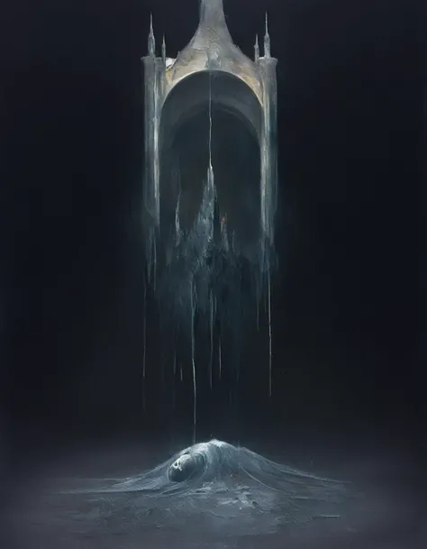 painting of a glitched out castle, not rendering properly , destroyed hologram flickering , dark tear in space dripping  to ground,,   background of an upside down interior room gothic,   in the style of nicola samori <lora:NicolaSamori(1):1.2>