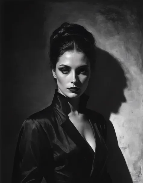 by peter de seve,  (masterful but extremely beautiful:1.4), (masterpiece, best quality:1.4) , in the style of nicola samori, Style of Helmut Newton, (black and white portrait of a mysterious woman:1.5), dramatic lighting, deep shadows, high contrast, fine ...