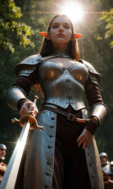 a close up of a woman in armor holding a sword