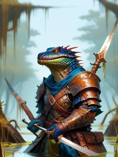 score_9, score_8_up, score_7_up, 1character lizardfolk heavy fighter, scale armor, standing holding huge sword , detailed swamp ...