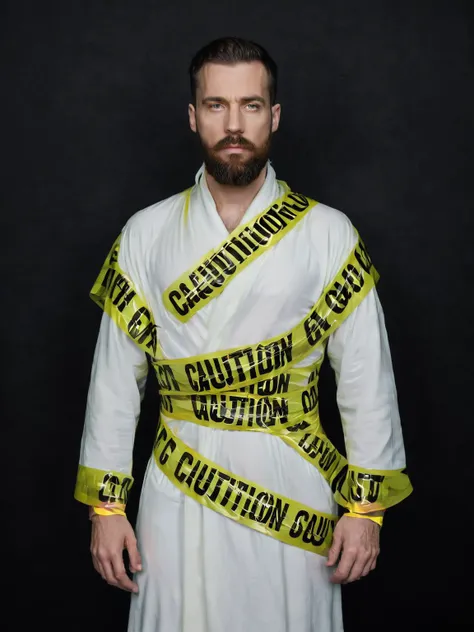 fashion photo of  a man in a white robe and a beard covered of tape, caution tape, keep out <lora:Tape_people:1>