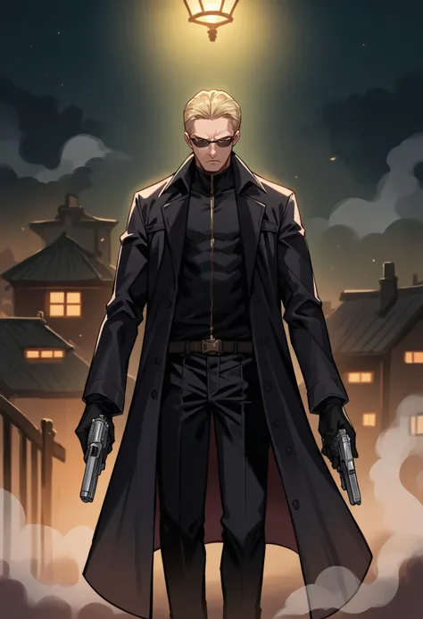 score_9, score_8_up,score_7_up, source_ anime, night,
BREAK
town,creepy, fog, 
BREAK
albertwesker, black gloves, sunglasses, belt, pants, long coat, trench coat, black coat, black pants, pistol, fog, serious, holding weapon, holding gun, spread arms, 
BREA...