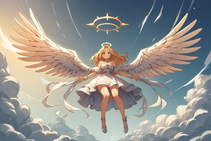 source_anime, score_9, score_8_up, angel, wide shot, angel wings, halo, whit dress, off-shoulders dress, flying, sky background, looking at the viewer, blue eyes,  <lora:traditional_slider_v1_NEGWEIGHT:-1>