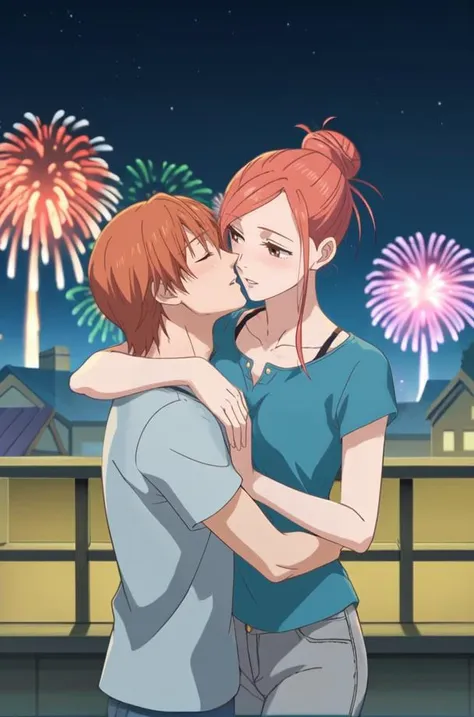 a couple kissing in front of fireworks in the sky