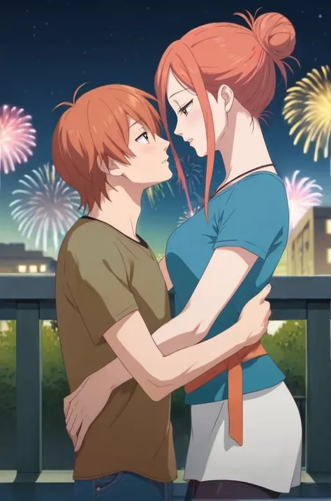 a couple of people standing next to each other near a firework