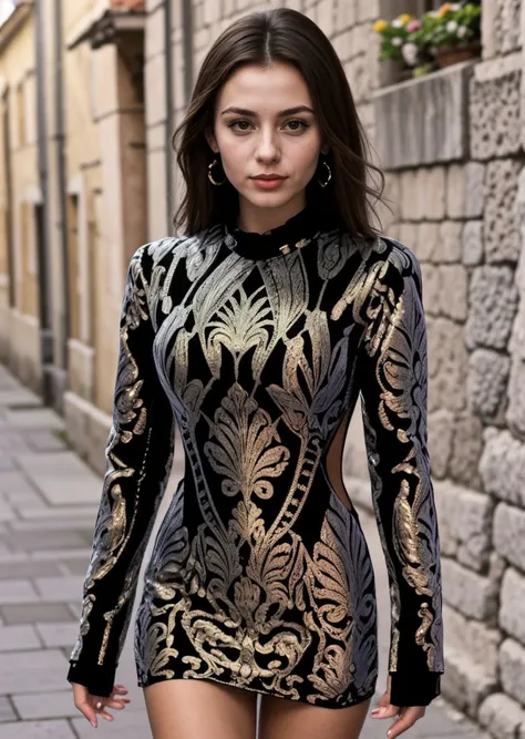 a woman in a black and gold dress walking down a street