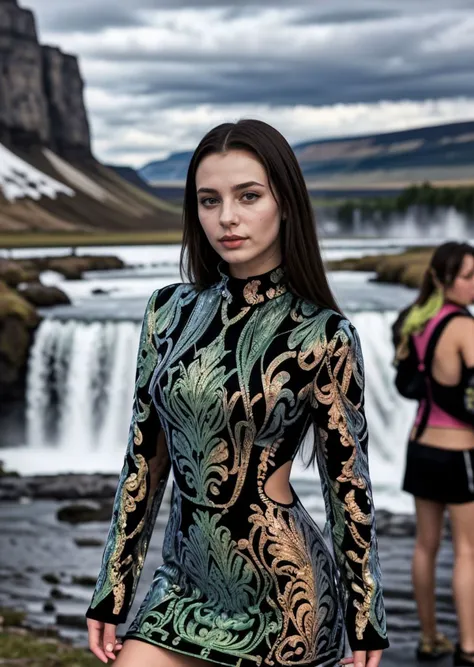 arafed woman in a black and gold dress standing in front of a waterfall