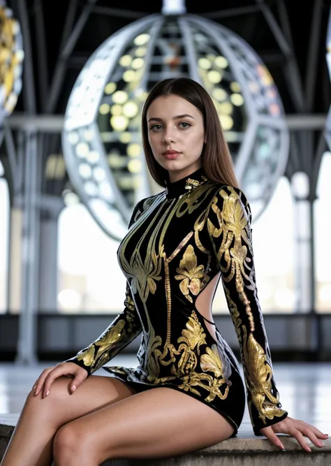 a woman in a black and gold dress sitting on a ledge